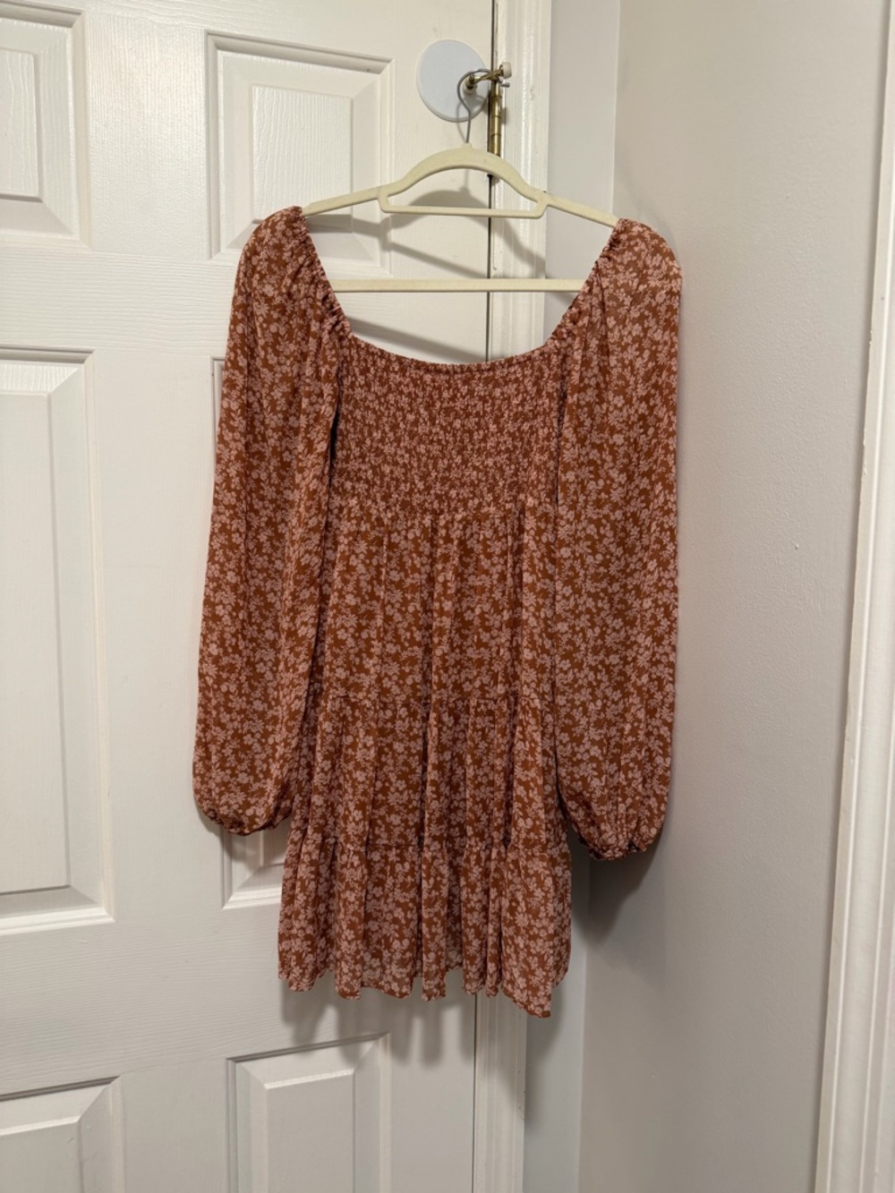 Altar'd State Rust Floral Smocked Tiered Long-Sleeve Mini Dress